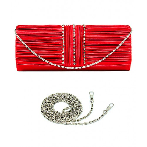 Evening Bag - Satin Pleated w/ 3 Liner Clear Stone - Red - BG-EBS1132RD